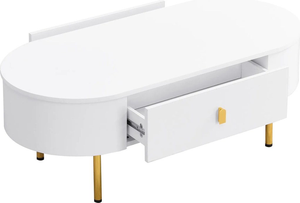 TV-dulap-masă de cafea-combinație, living-combinație cu sertare și colțuri rotunjite, Alb+Auriu