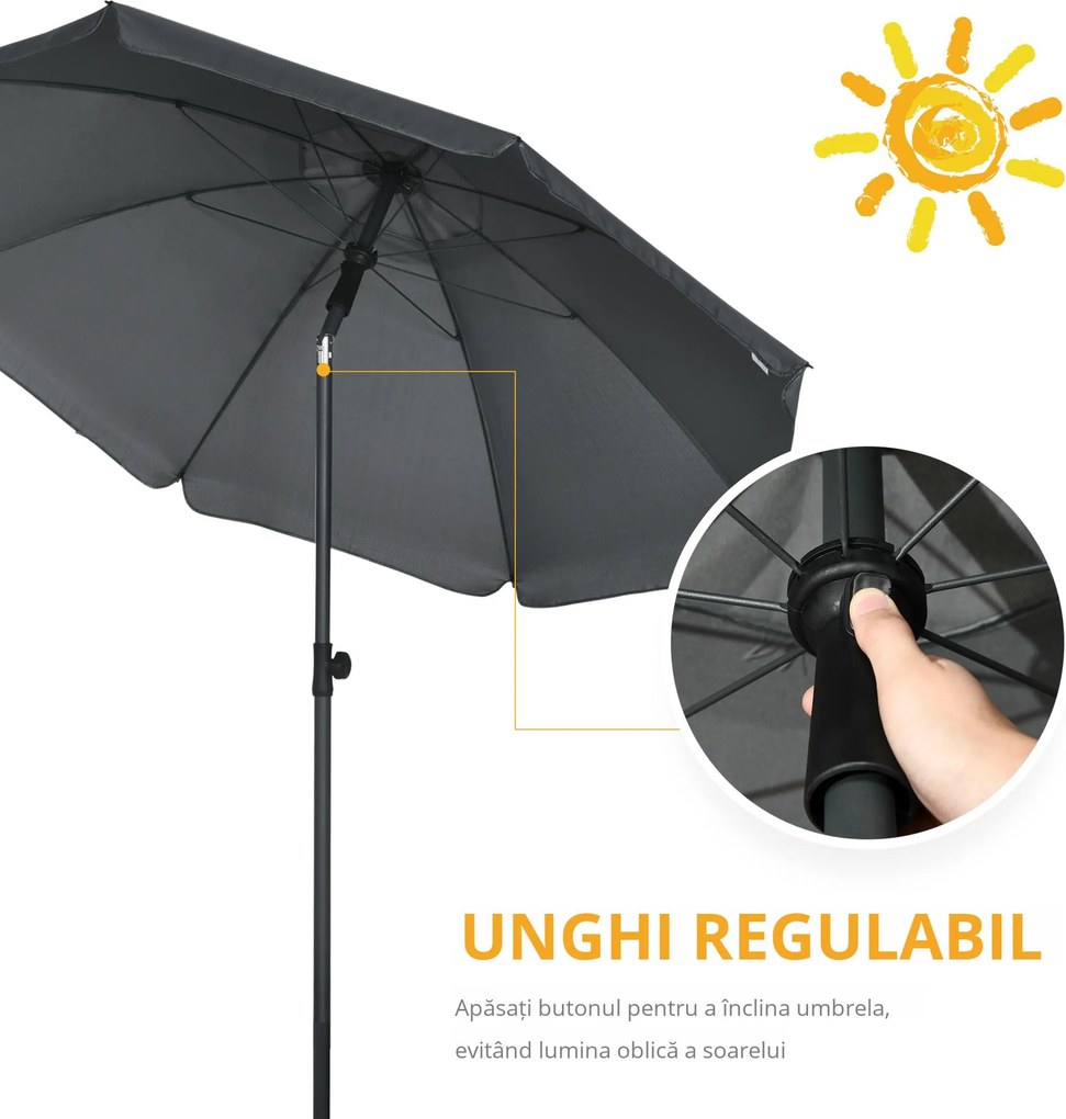 Outsunny Umbrelă de Plajă din Poliester/Oțel, 8 Nervuri, Tetieră Înclinabilă 45°, Gri | Aosom Romania