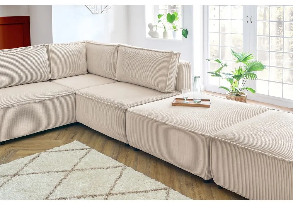 Colțar crem cu tapițerie din catifea reiată (în formă de "U"/cu colț variabil) Nihad modular – Bobochic Paris