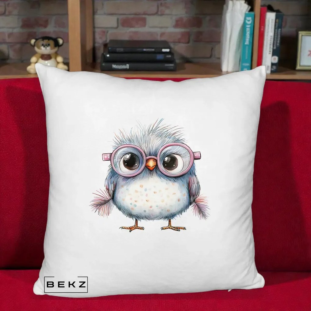 Perna Decorativa Pui Pufos cu Ochelari Roz, 40x40 cm, Alb Pufos, Husa Detasabila, Perna Inclusa, BEKZ®