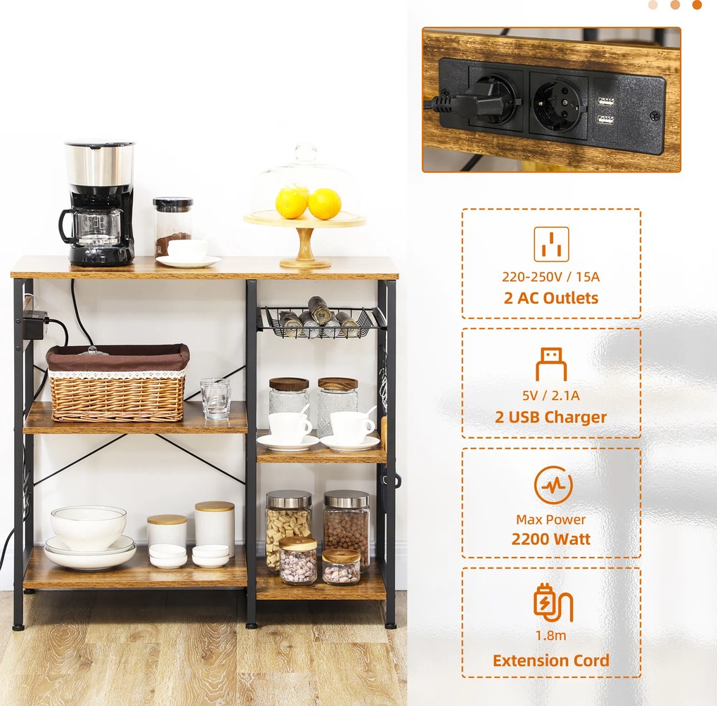 HOMCOM Suport pentru Brutării cu Priză de Curent, Încărcător USB, Suport Cuptor cu Microunde, Rafturi Industriale, Maro | Aosom Romania