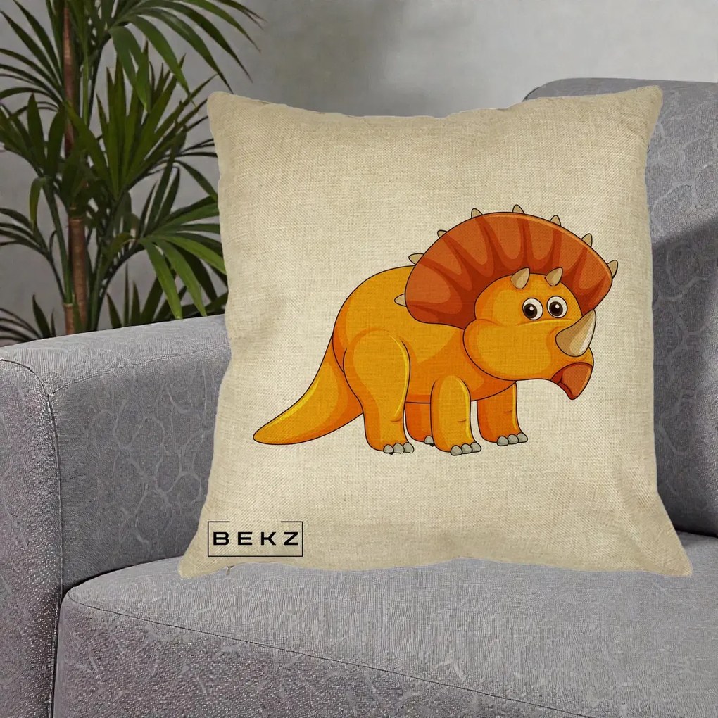 Perna Decorativa Triceratops Portocaliu, 40x40 cm, Crem, Husa Detasabila, Perna Inclusa, BEKZ®