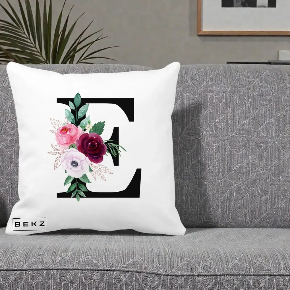 Cadou Personalizat - Perna Personalizata Monograma Florala Litera E, 40x40 cm, Alba Mata, Husa Detasabila, Perna Inclusa, BEKZ®