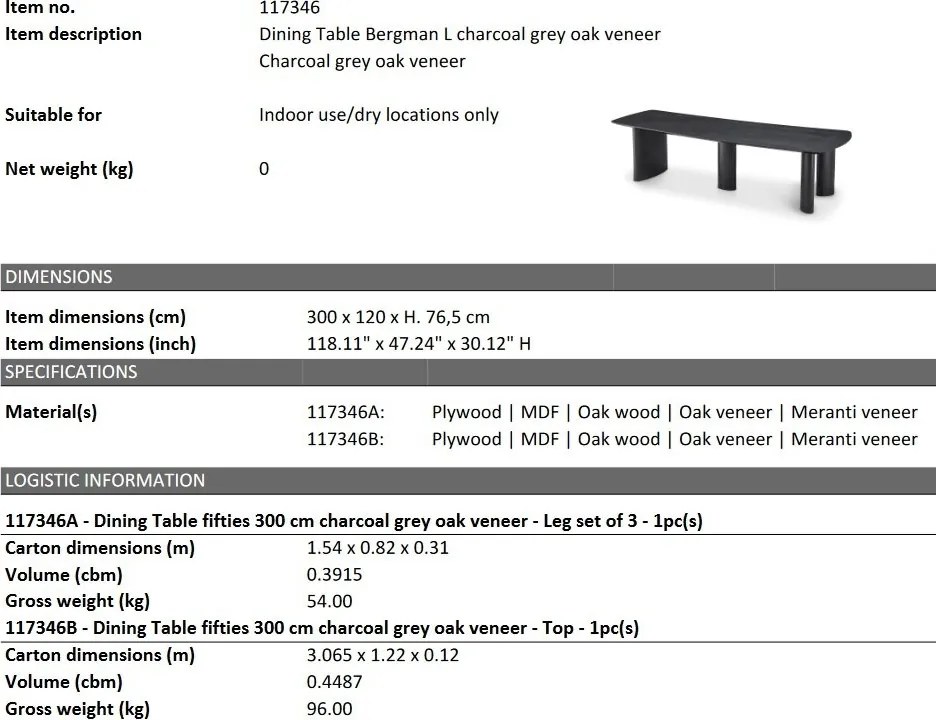 Masa design LUX Bergman L Charcoal grey, 300x120cm