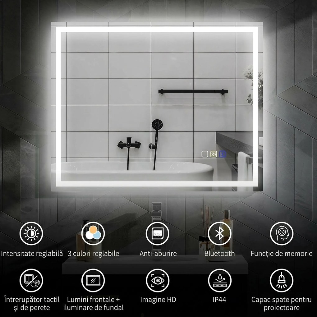 HOMCOM Oglindă Baie Bluetooth LED Antiabur Tactil | Aosom Romania