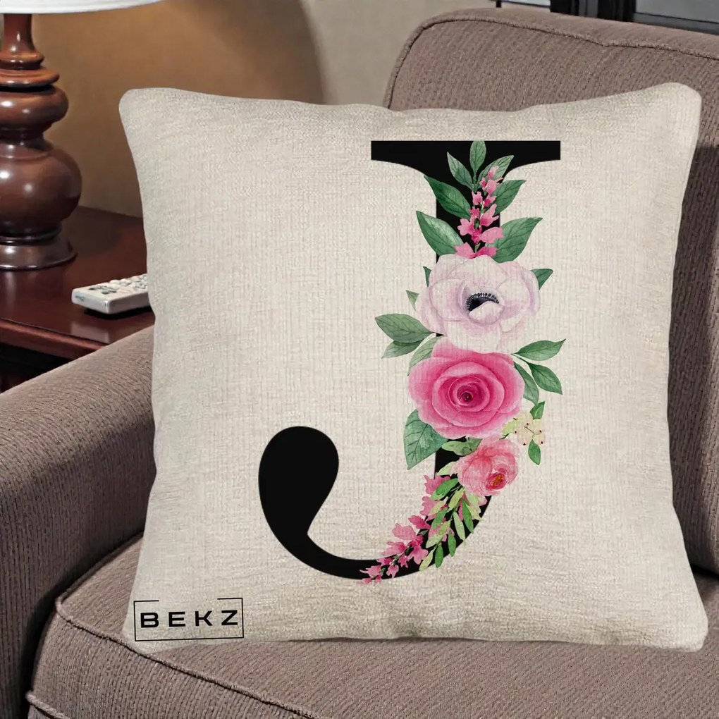 Cadou Personalizat - Perna Personalizata Monograma Florala Litera J, 40x40 cm, Bej Canapea, Husa Detasabila, Perna Inclusa, BEKZ®