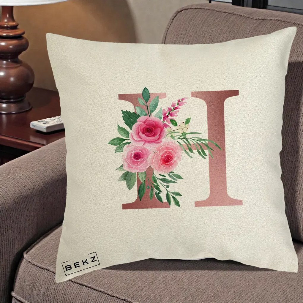 Cadou Personalizat - Perna Personalizata Monograma Rose Gold Litera H, 40x40 cm, Ecru, Husa Detasabila, Perna Inclusa, BEKZ®