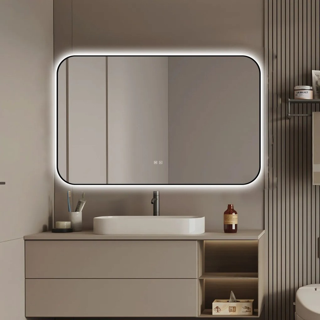 🪞 Oglindă LED cu Touch și Funcție Dezaburire – Ramă Negru, 110x70 cm, Model J187-11070 Smack