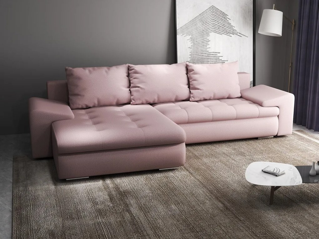 Colțar extensibil dumonde cu ladă de depozitare si sezut confortabil din spuma high-density, Leonardo Enjoy Roz 260x185 cm