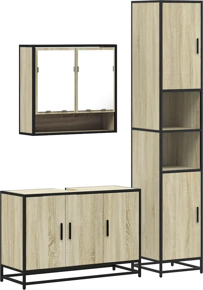 vidaXL Set mobilier de baie, 3 piese, stejar sonoma, lemn prelucrat