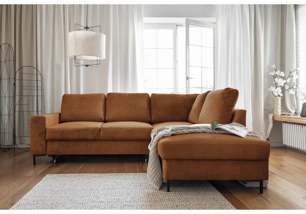 Colțar portocaliu/maro extensibil cu tapițerie din catifea reiată (cu colț pe partea dreaptă) Lofty Lilly – Miuform