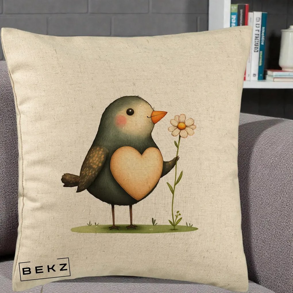 Perna Decorativa Pasare cu Inima si Margareta, 40x40 cm, Bej, Husa Detasabila, Perna Inclusa, BEKZ®