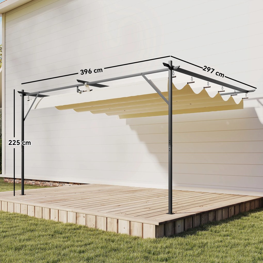 Outsunny Pergolă Montată pe Perete 3x4 m cu Acoperiș Retractabil Glisant, Găuri de Drenaj, Pergolă de Grădină din Poliester și Oțel, pentru Terasă, Grădină, Exterior, UV30+, Crem | Aosom Romania
