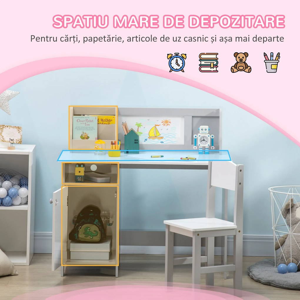 HOMCOM Set Masă și Scaune pentru Copii 5-8 Ani cu Spațiu de Depozitare, Tablă și Scaun, 90x45x85 cm, Roz | Aosom Romania