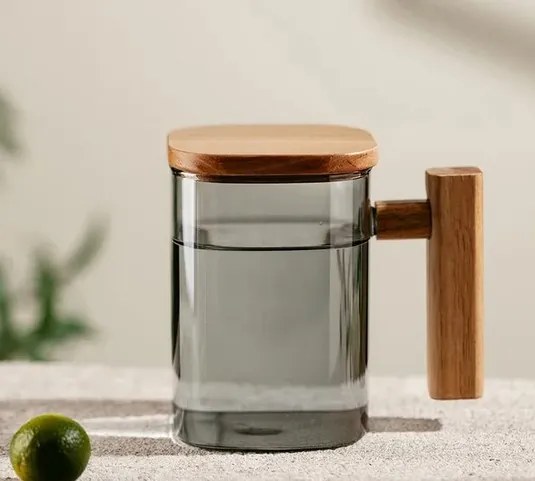 Cana sticla Borosilicata cu maner si capac lemn, WOODEN, 500ml