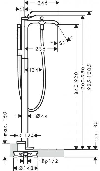 Baterie cada cu montaj pe pardoseala, Hansgrohe Vivenis, crom, 75445000