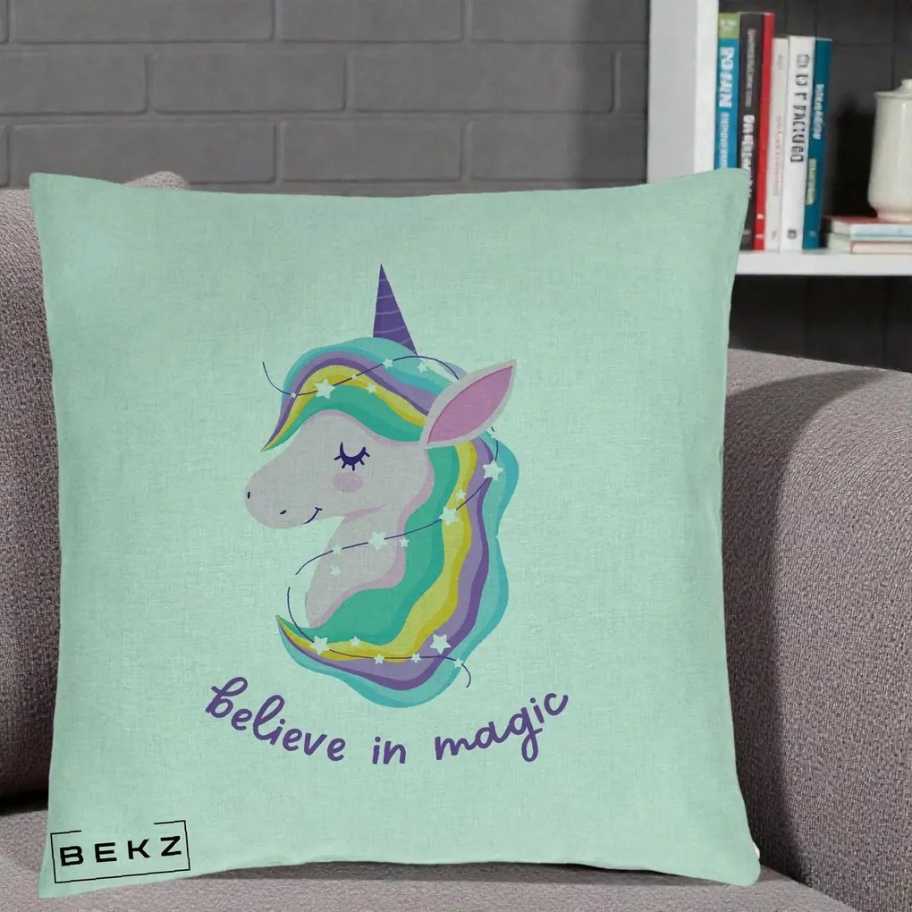 Perna Decorativa Unicorn Believe in Magic, 40x40 cm, Verde Menta, Husa Detasabila, Perna Inclusa, BEKZ®