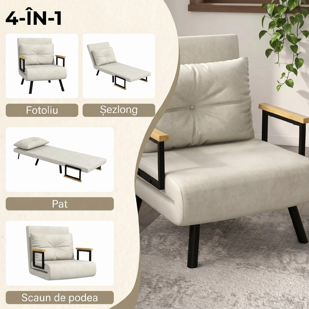 HOMCOM Canapele Extensibile Individuală Alb Crem 63x73x81 cm cu Pernă Extensibilă pe 5 Nivele | Aosom Romania