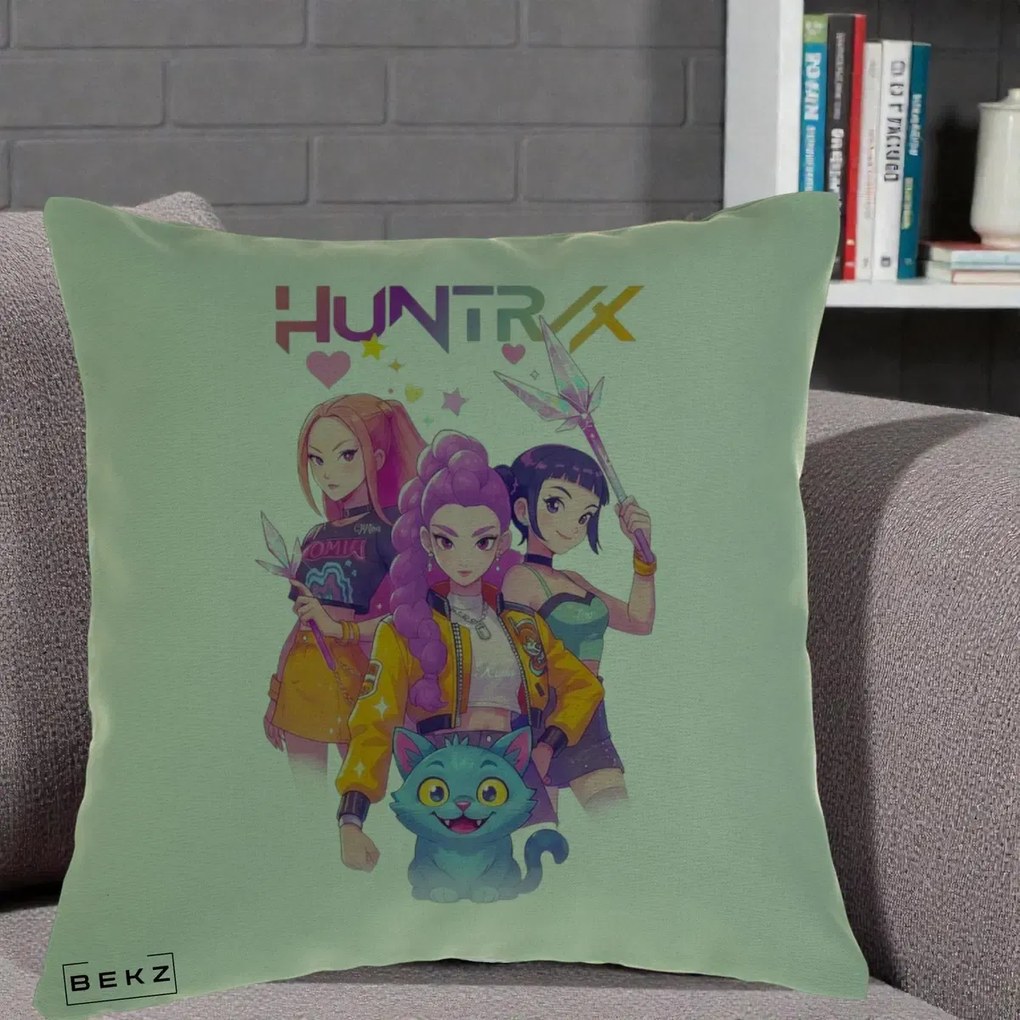 Perna Personalizata K-pop HUNTRX Trio Foto cu Pisica, 40x40 cm, Verde, Husa Detasabila, Perna Inclusa, BEKZ®