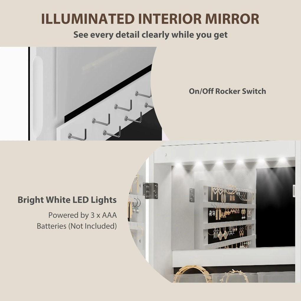 HOMCOM Dulap pentru Bijuterii Montabil pe Perete cu Oglindă Internă și LED-uri, Înălțime 120 cm, Economisire Spațiu, Sertare, Încuietoare și Cheie, Poliță Rabatabilă, Alb și Negru | Aosom Romania