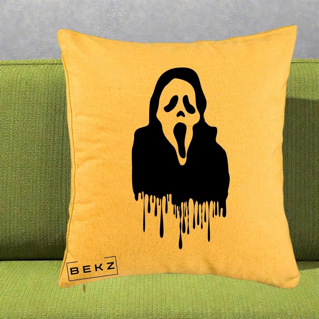 Perna Personalizata Halloween Ghostface Scream Picurand, 40x40 cm, Galben, Husa Detasabila, Perna Inclusa, BEKZ®