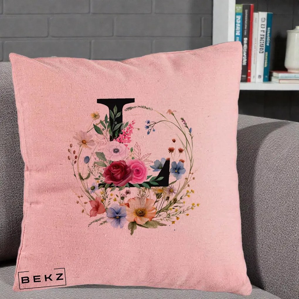 Cadou Personalizat - Perna Personalizata Monogram Litera L cu Flori Acuarela, 40x40 cm, Roz, Husa Detasabila, Perna Inclusa, BEKZ®