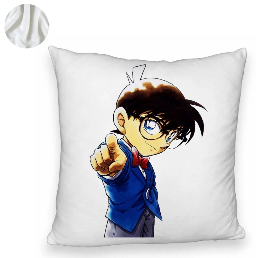 Perna Decorativa Fluffy cu Detective Conan, 40x40 cm, Alba, Husa Detasabila, Burduf