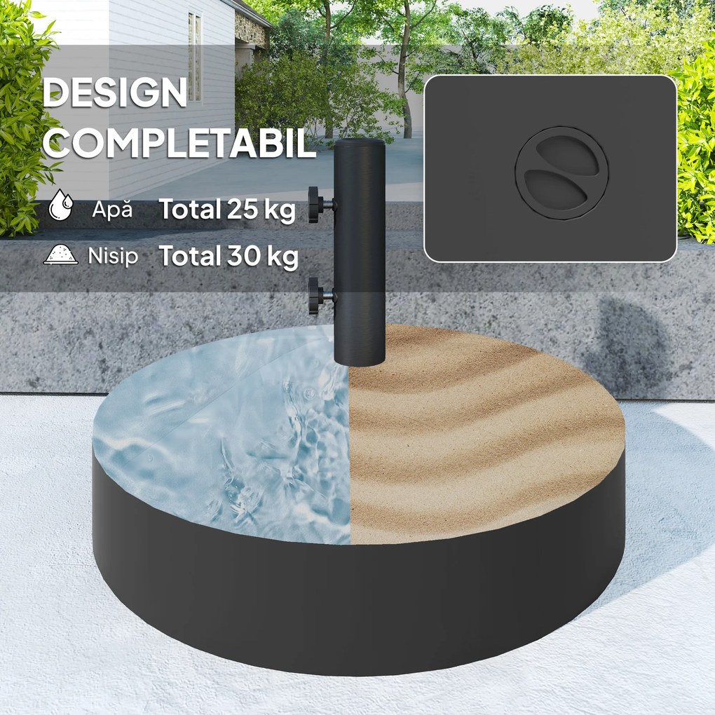Outsunny Bază pentru Umbrelă Reumplibilă cu Apă 25kg/Nisip 30kg, pentru Tije de Umbrelă Ø36/38/48 mm, Negru | Aosom Romania