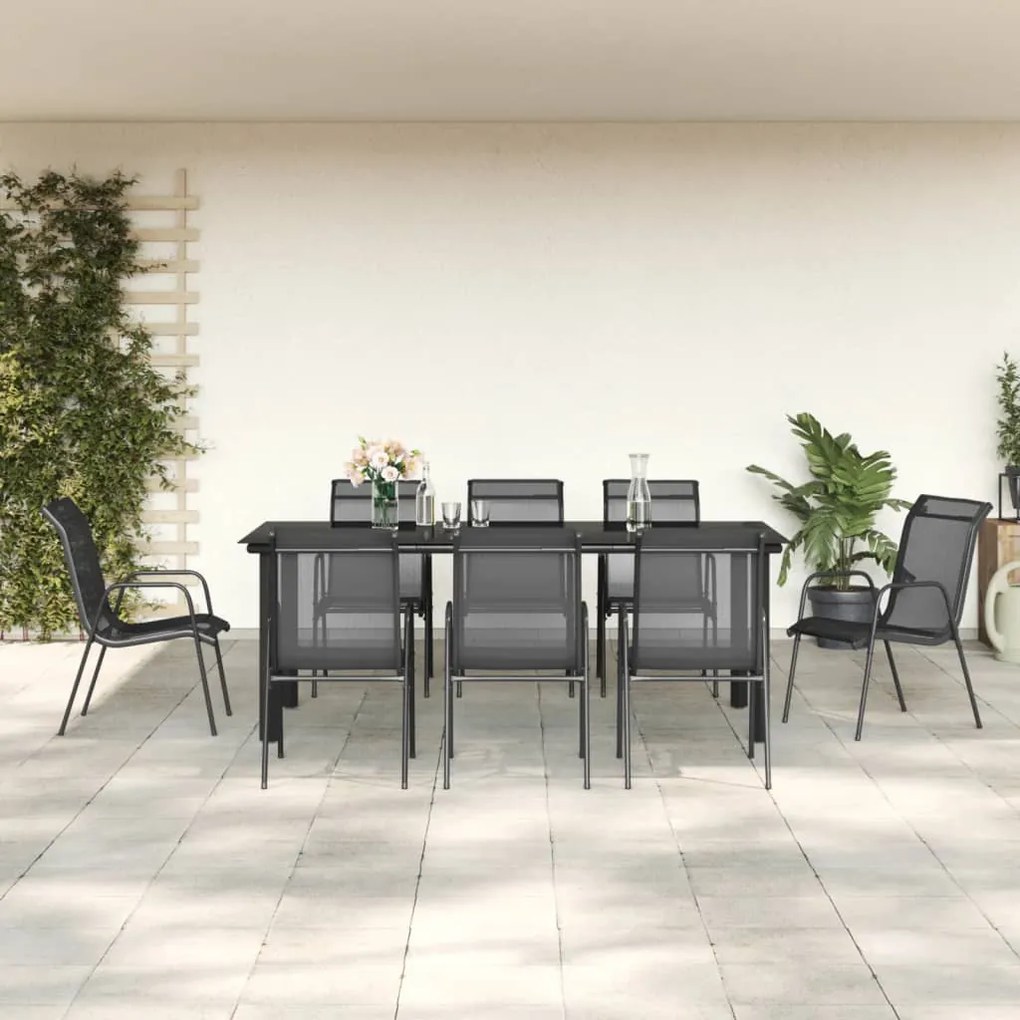 vidaXL Set mobilier de grădină, 9 piese, negru, oțel și textilenă