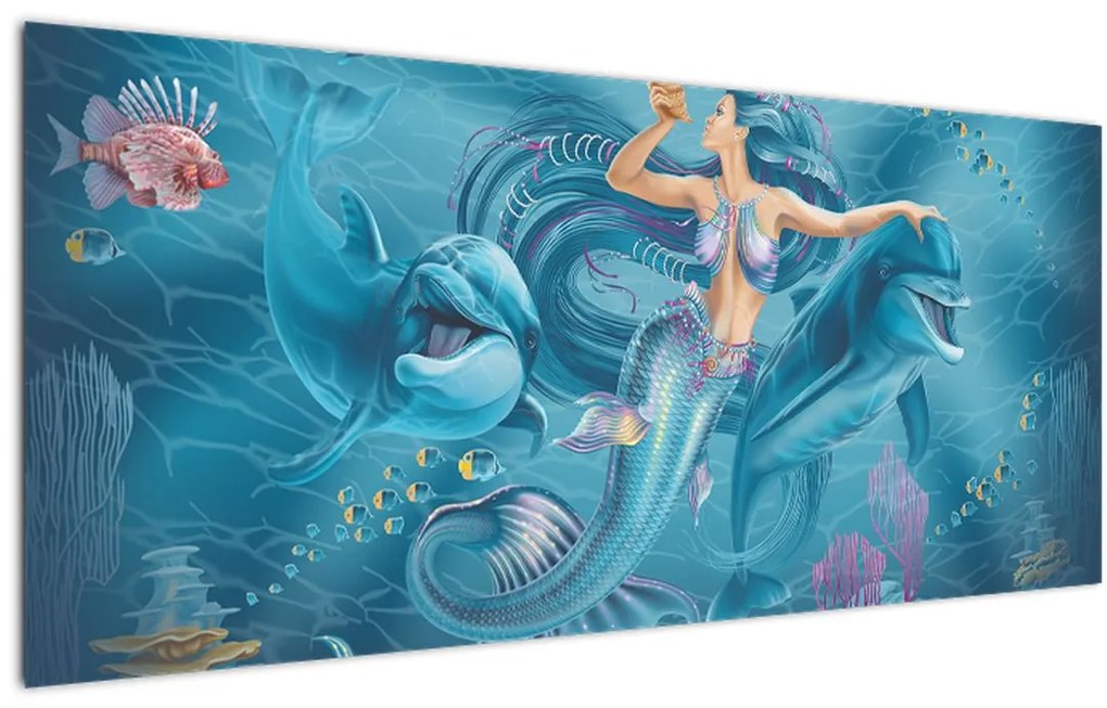 Tablou - Sirenă cu delfini (120x50 cm)