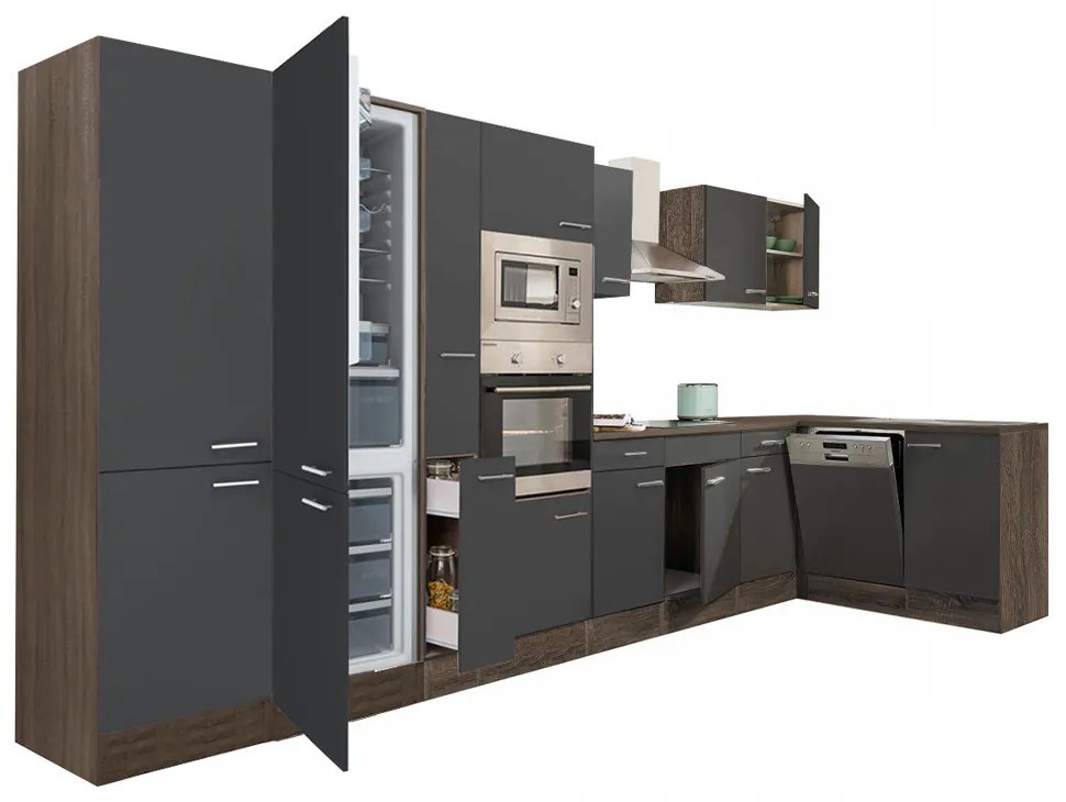 Mobilă de bucătărie de colț Yorki 430, corp din stejar Yorki, față antracit satinat, frigider sub blat