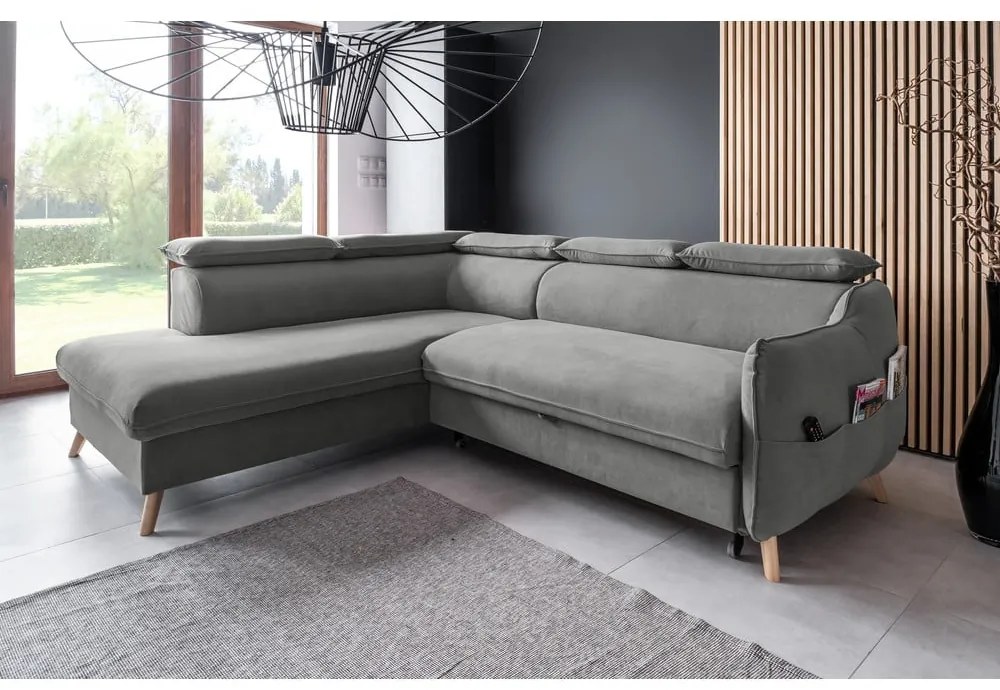 Colțar gri deschis extensibil cu tapițerie din catifea (cu colț pe partea stângă ) Sweet Harmony – Miuform