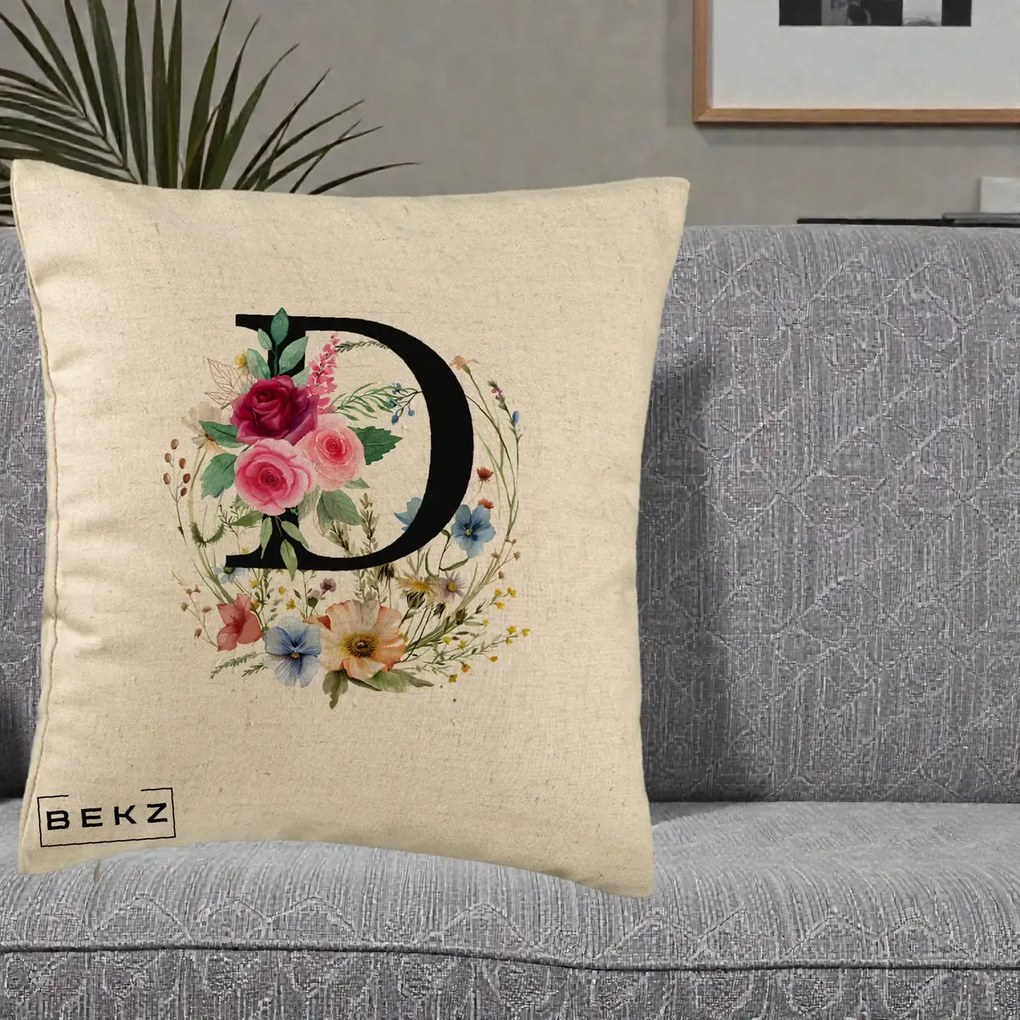 Cadou Personalizat - Perna Personalizata Monogram Litera D cu Flori Acuarela, 40x40 cm, Bej, Husa Detasabila, Perna Inclusa, BEKZ®