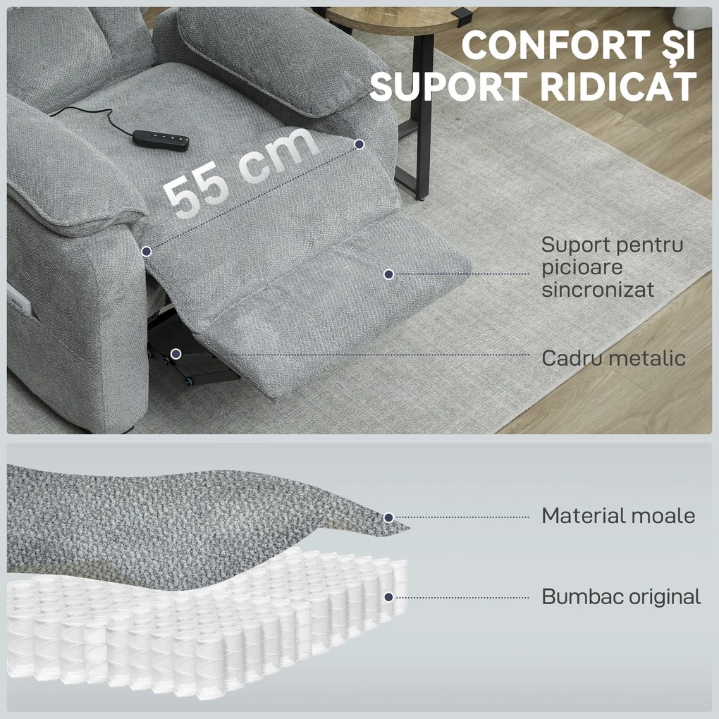 HOMCOM Fotoliu Electric Reclinabil 150° cu Suport pentru Picioare, Port USB, Fotoliu Reclinabil Silențios, Sezut Larg, Telecomandă, Funcție Memorie, din Catifea, pentru Living, Gri | Aosom Romania