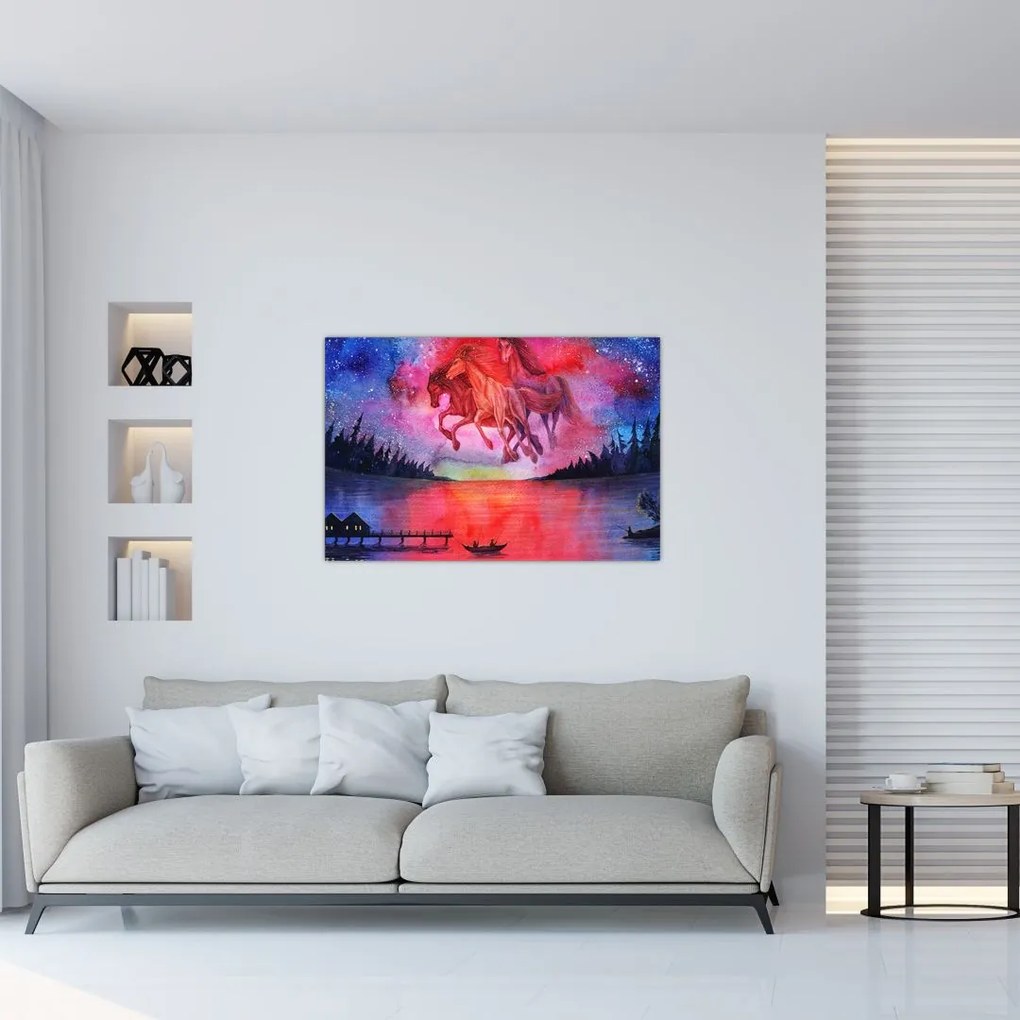 Tablou - Apariția cailor spațiali peste lac, acuarelă (90x60 cm)