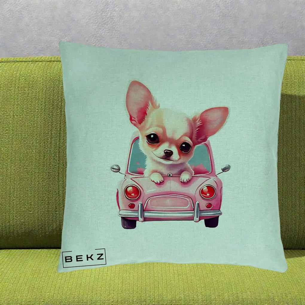Perna Decorativa Chihuahua Roz in Masinuta, 40x40 cm, Verde Menta, Husa Detasabila, Perna Inclusa, BEKZ®