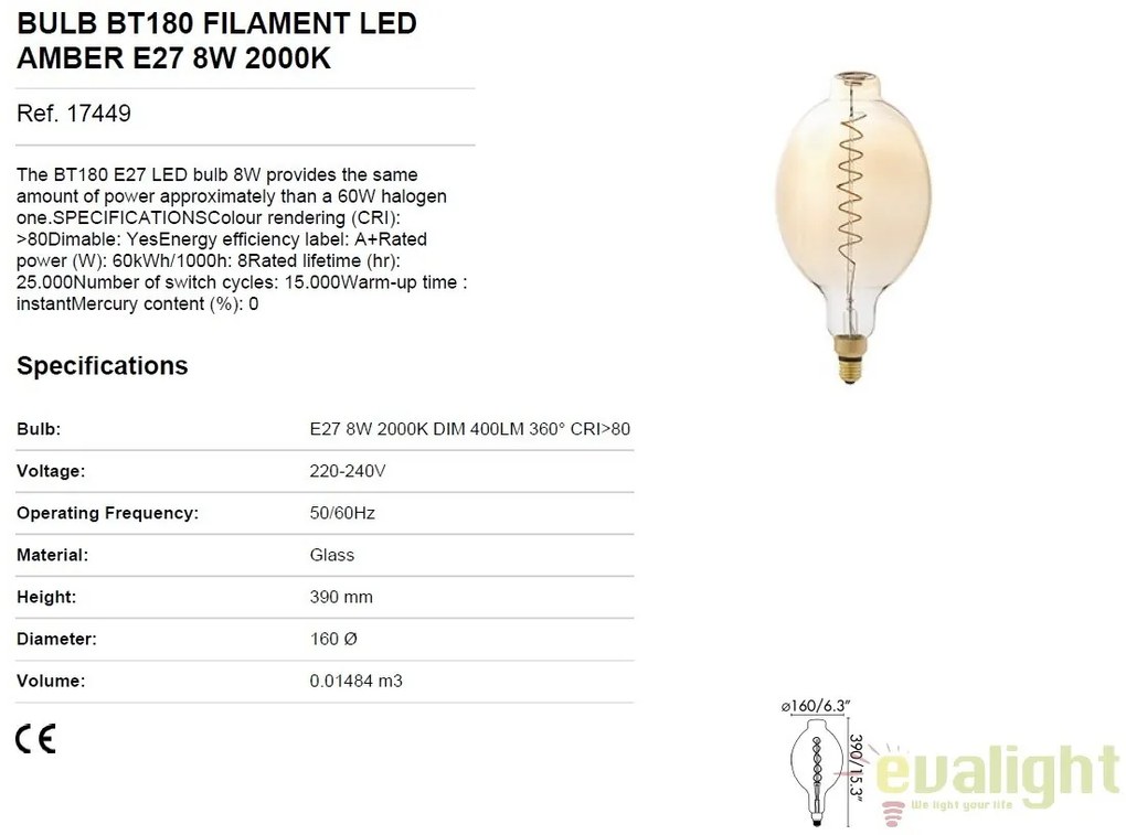 BEC filament LED dimabil decorativ 8W E27 BT180 2000K lumina calda AMBER 17449