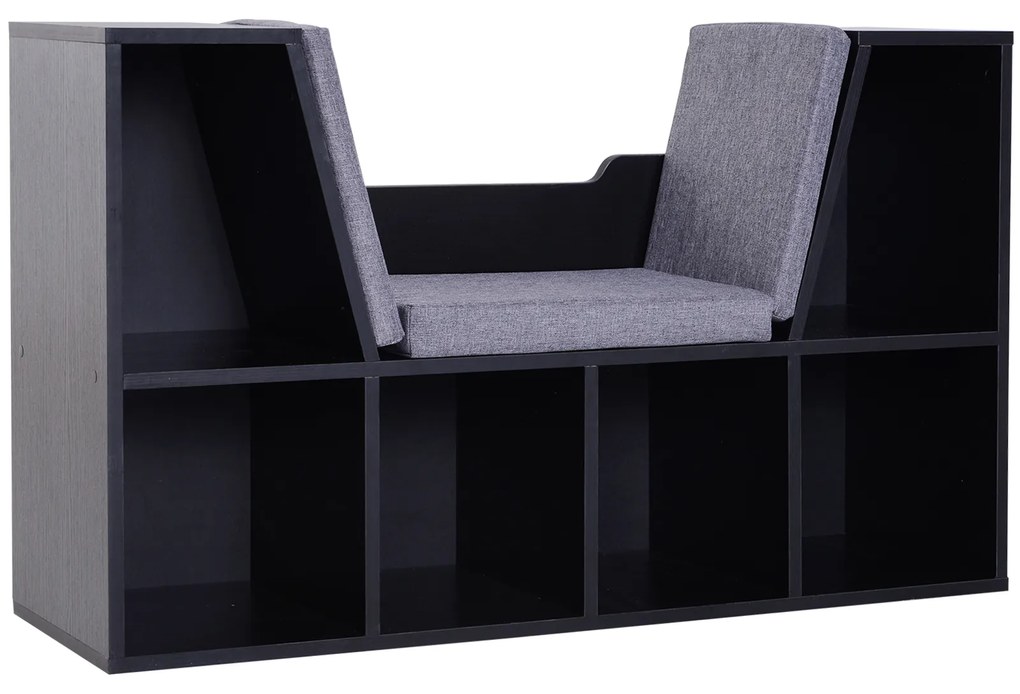 HOMCOM Bibliotecă cu Banc 2 în 1 Design Contemporan 6 Compartimente 3 Perne Incluse 102L x 30l x 61H cm Negru Gri | Aosom Romania