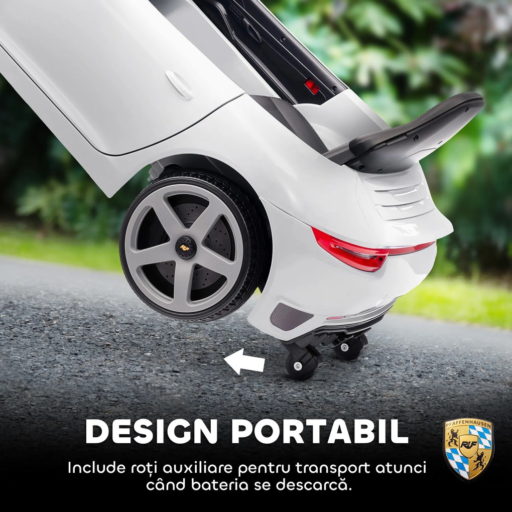 AIYAPLAY Mașină pentru Copii 3-5 Ani cu Licență Oficială RUF GT, Telecomandă, Centură de Siguranță și Muzică, Alb | Aosom Romania