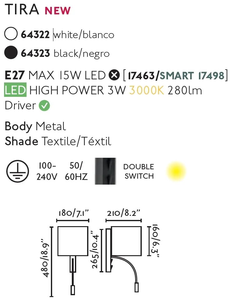 Aplica perete cu reader LED design modern TIRA alba