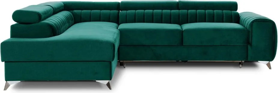 Colțar verde extensibil/cu spațiu de depozitare cu tapițerie din catifea (cu colț pe partea stângă/în formă de ”L”) Laurence – ELTAP