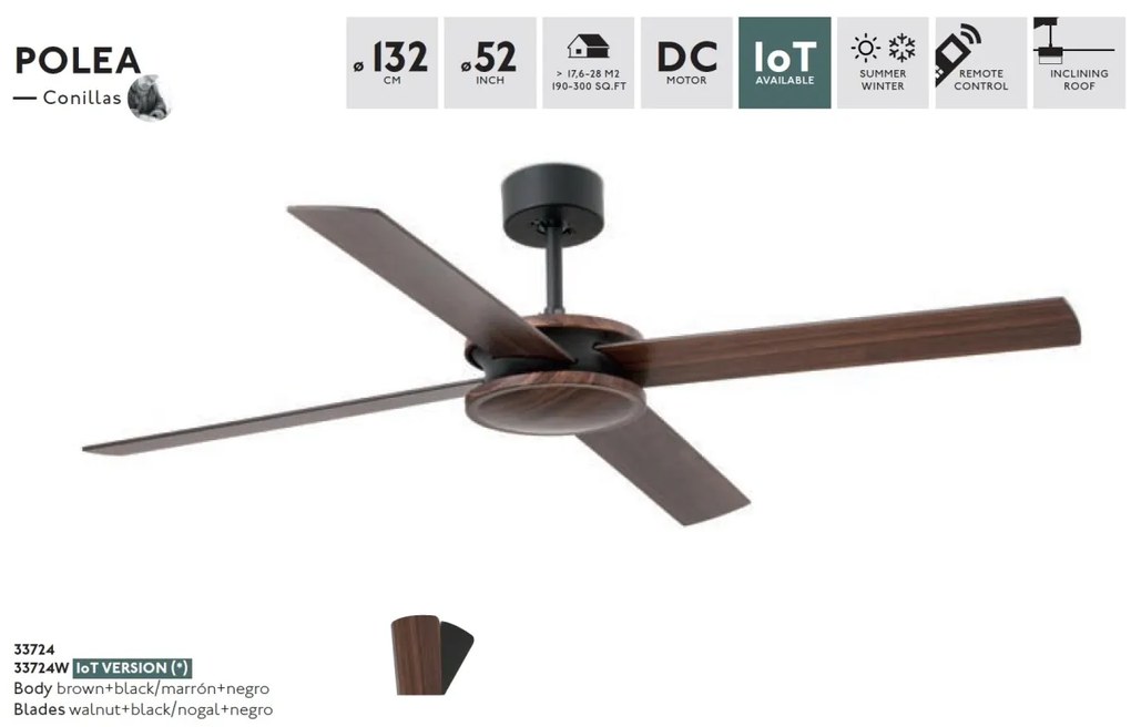 Ventilator de tavan cu telecomanda design modern POLEA negru/lemn nuc