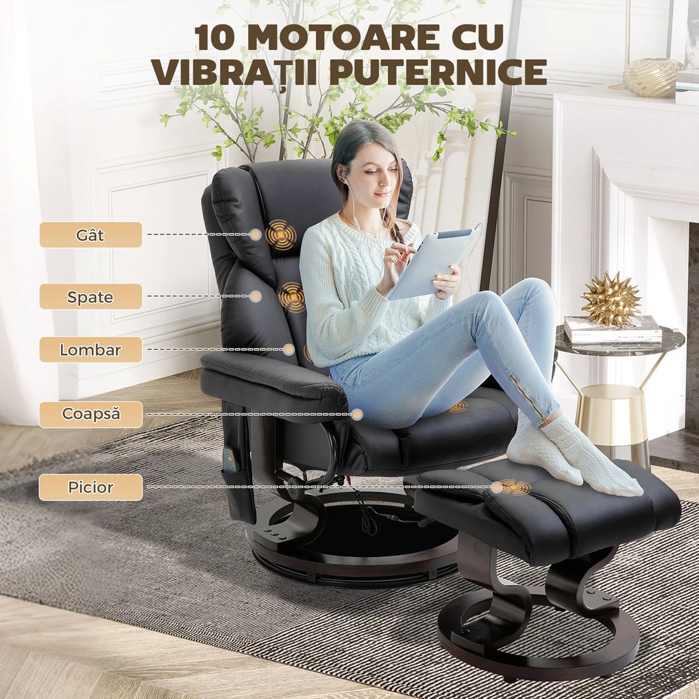 HOMCOM Scaun cu Puf Suport pentru Picioare și Funcție de Masaj, Reclinabil la 145° și Rotativ la 360°, Negru | Aosom Romania