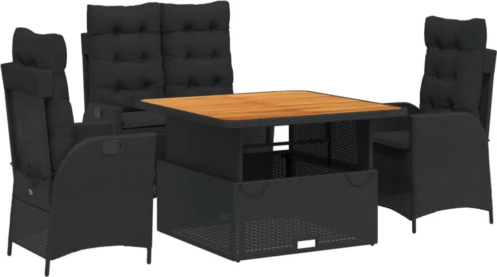 vidaXL Set mobilier de grădină cu perne, 4 piese, negru, poliratan