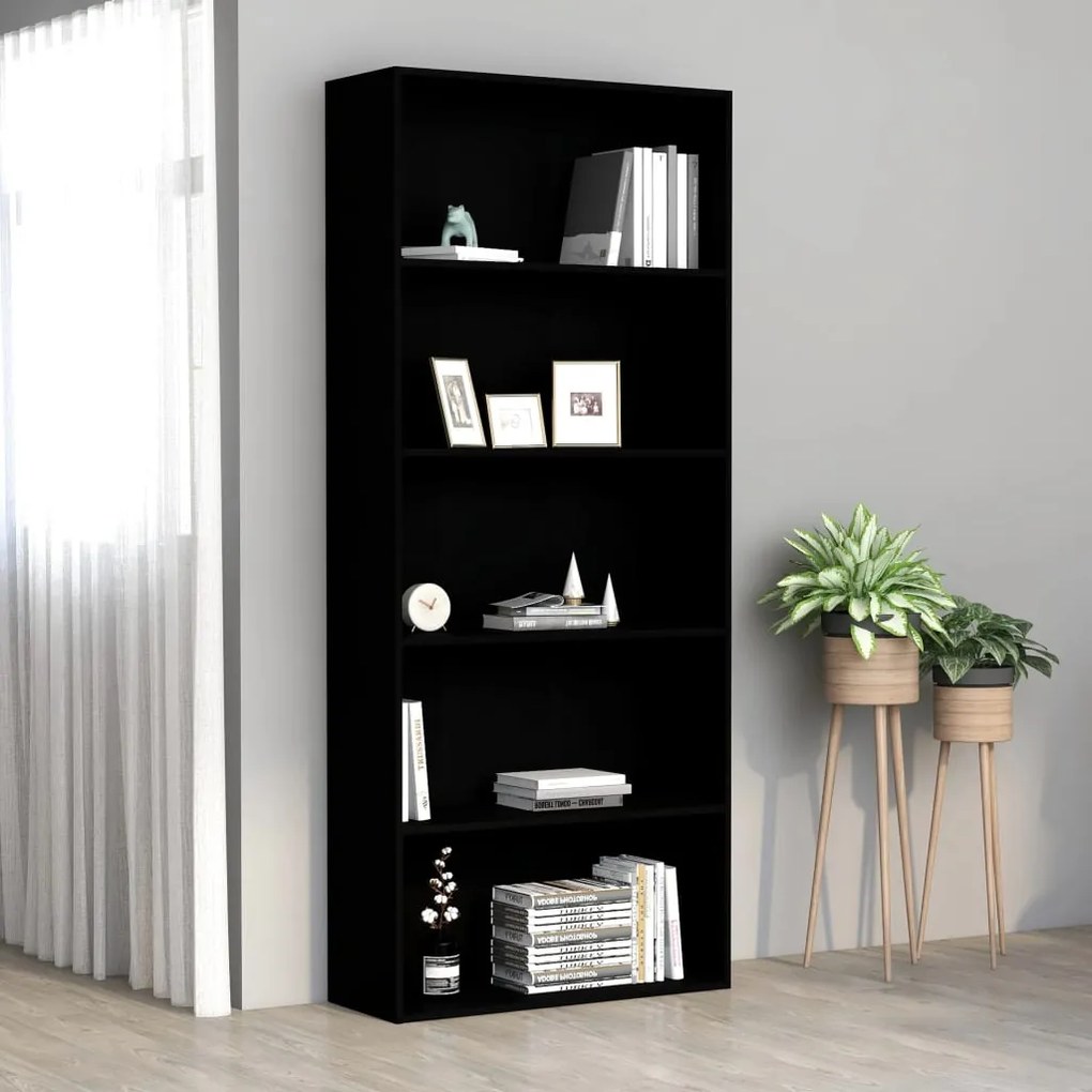 801027 vidaXL Bibliotecă cu 5 rafturi, negru, 80x30x189 cm, lemn prelucrat