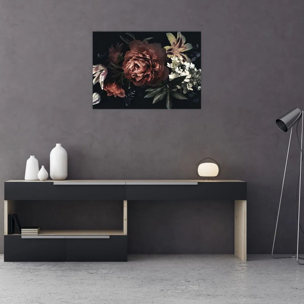 Tablou pe sticlă - Flori întunecate (70x50 cm)