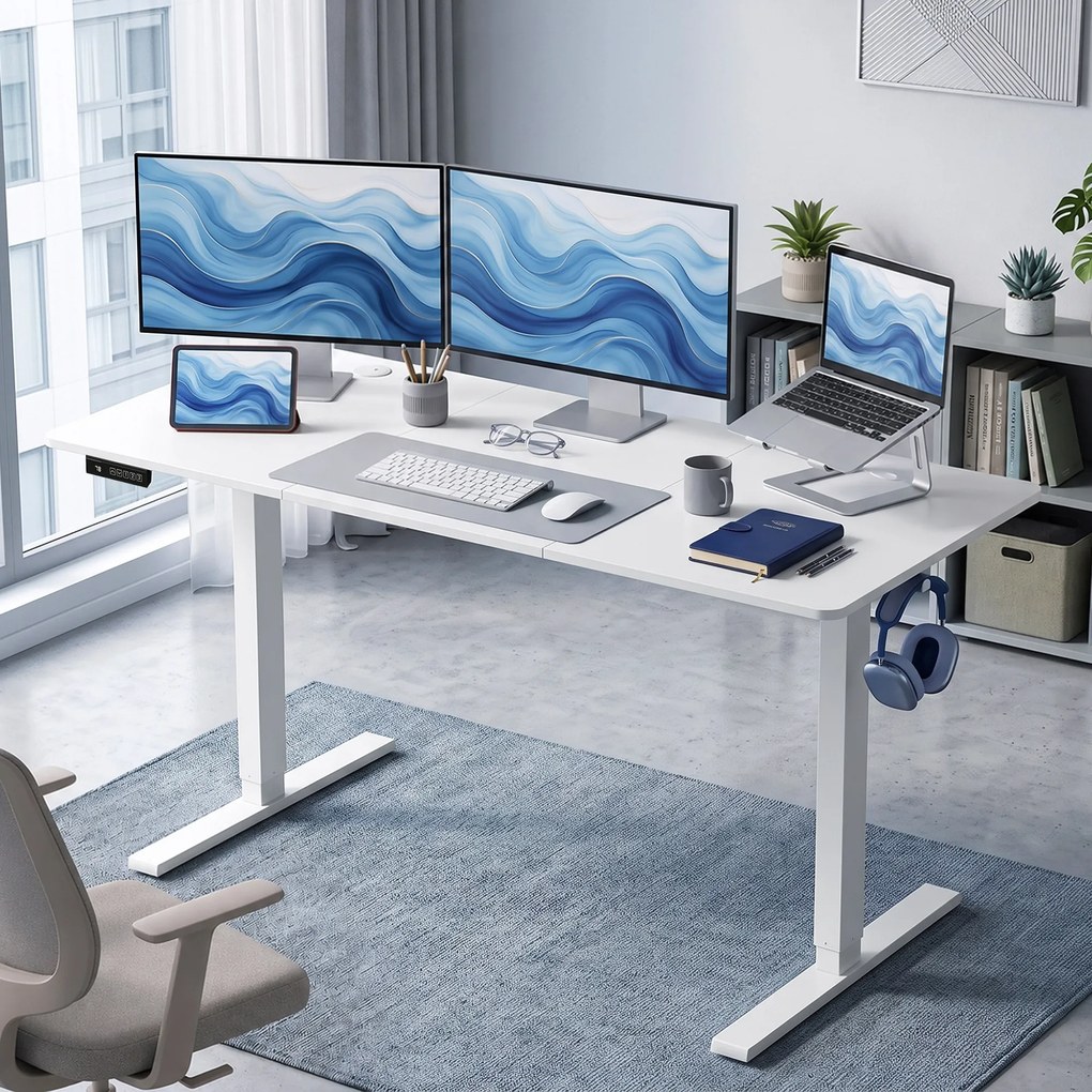 HOMCOM Birou Reglabil pe Înălțime cu 3 Memorii, Display LED, Cârlige, Plăci Aglomerate din Lemn, 140x60x72-118 cm, Alb | Aosom Romania