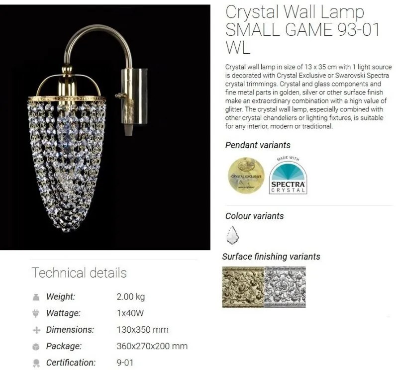 Aplica de perete Cristal Bohemia Exclusive SMALL GAME 93-01 WL CE