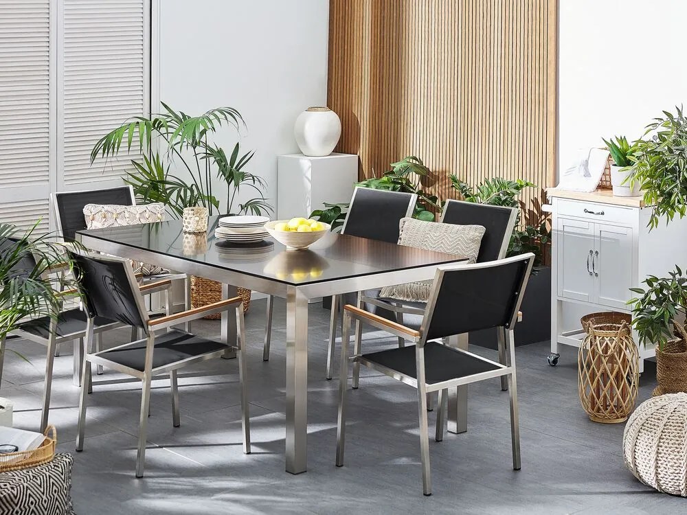 Set de masă pentru grădină Grosso (negru) (blat din sticlă 180x90 cm) (scaune negre). 1011750