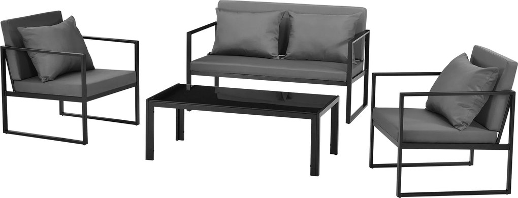 [casa.pro]® Set mobilier gradina, masa, 2 scaune, canapea, metal/sticla/poliester, negru/gri inchis